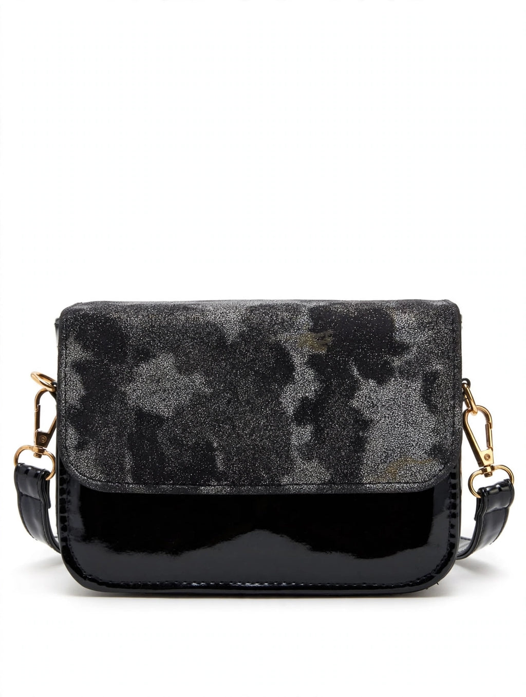 Black Glitter Flap Crossbody Bag - Patent Faux Leather