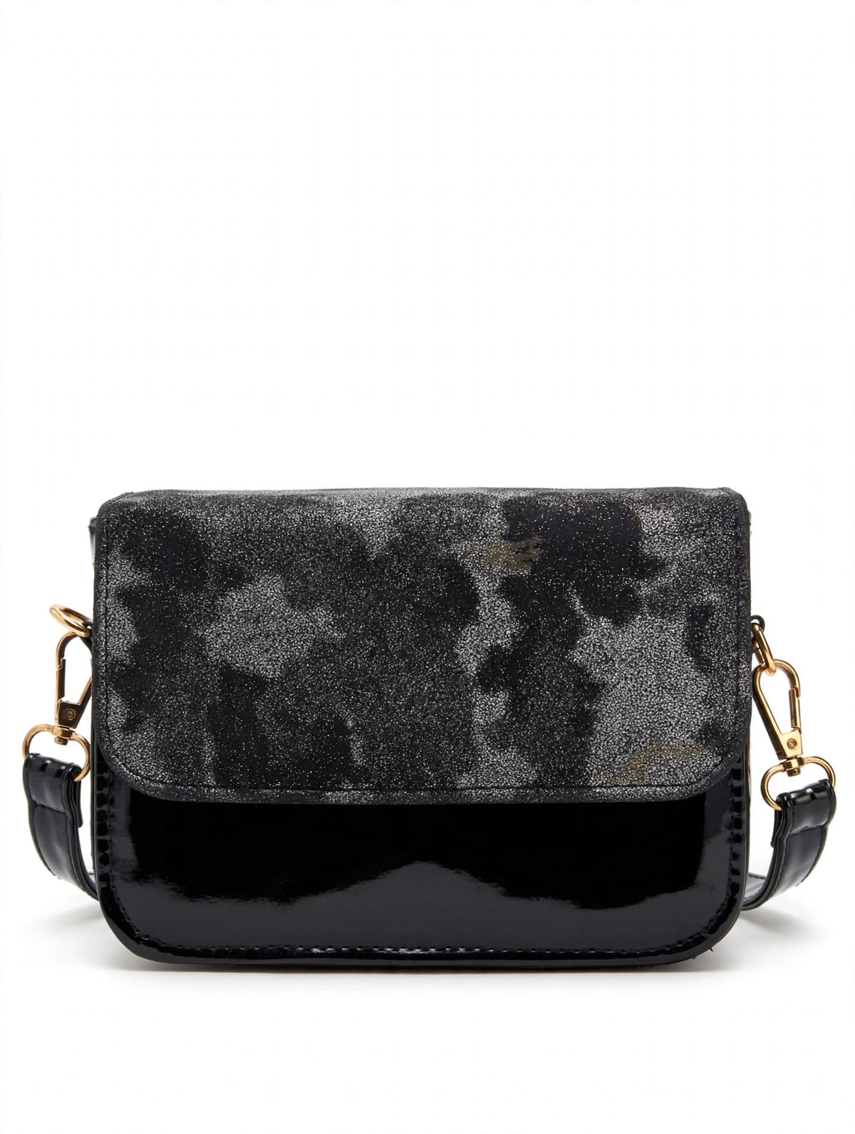Black Glitter Flap Crossbody Bag - Patent Faux Leather