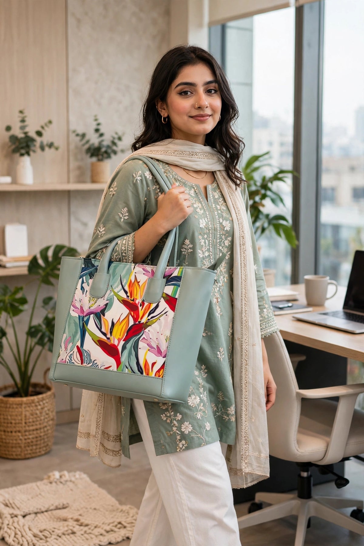 Floral Bloom Tote Bag - Premium Faux Leather with Tropical Print | Summer Collection