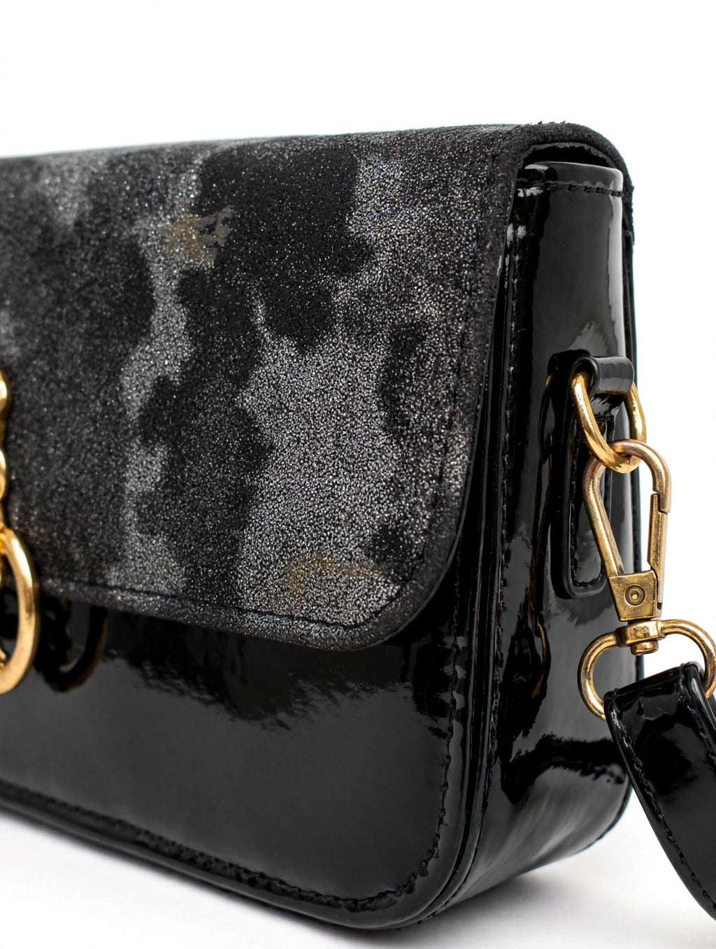 Black Glitter Flap Crossbody Bag - Patent Faux Leather