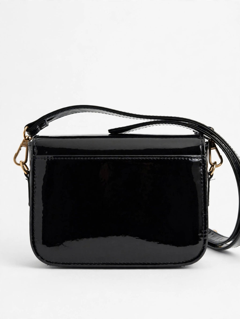 Black Glitter Flap Crossbody Bag - Patent Faux Leather