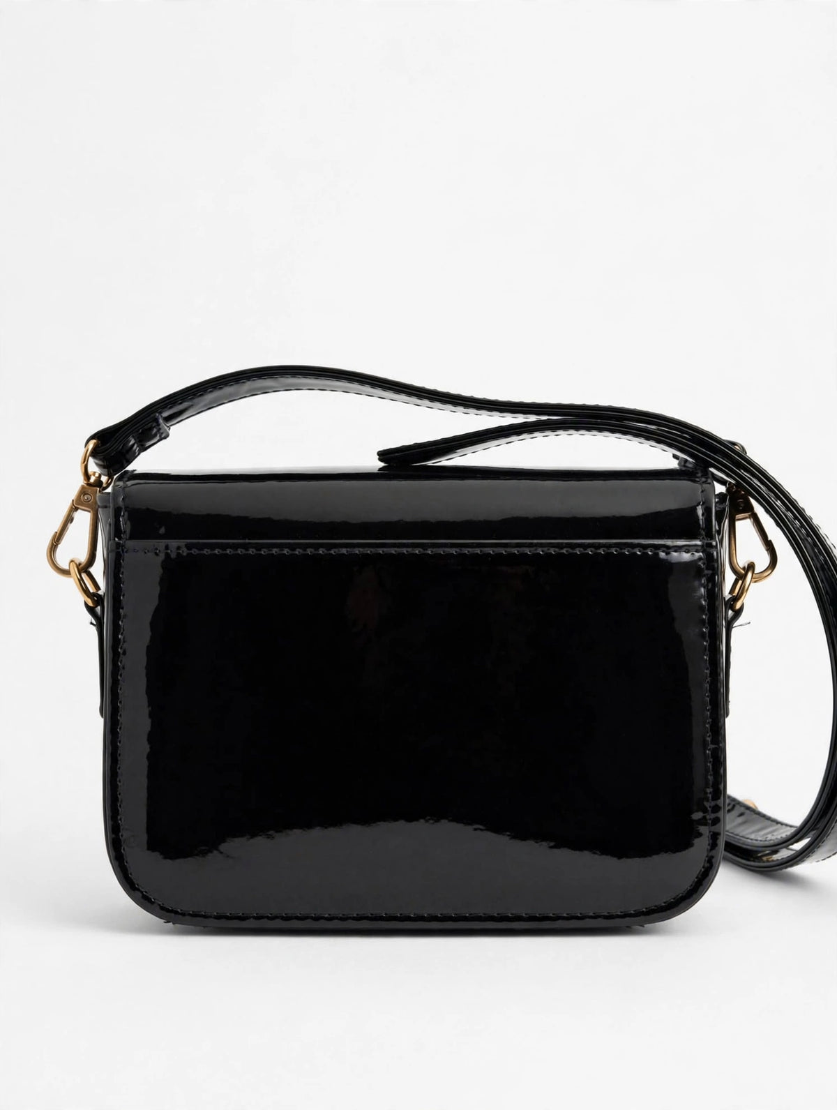 Black Glitter Flap Crossbody Bag - Patent Faux Leather