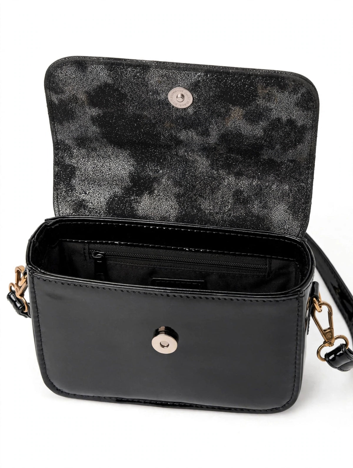 Black Glitter Flap Crossbody Bag - Patent Faux Leather